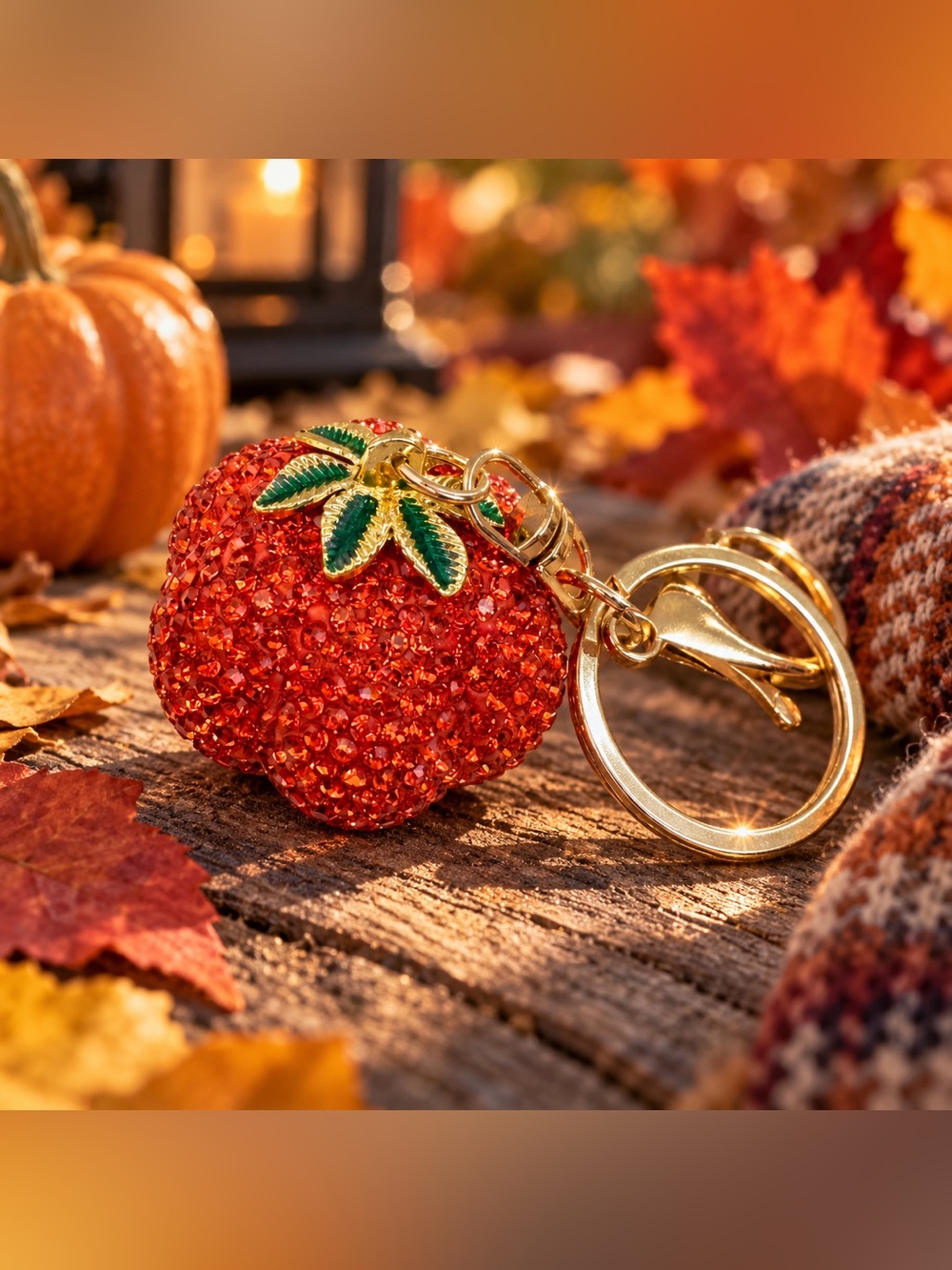 Gold-Tone Orange Crystal Sparkling Pumpkin Keychain with Green Leaves